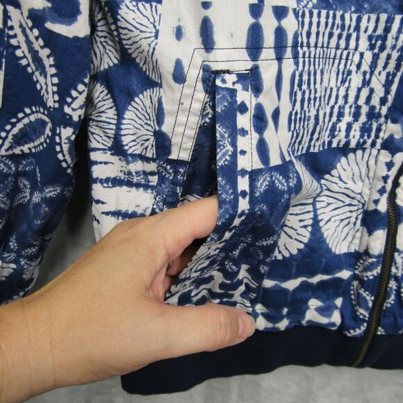 Lands End Bomber Jacket Reversible Womens Medium Blue Full Zip Cotton Nautical - Picture 5 of 11